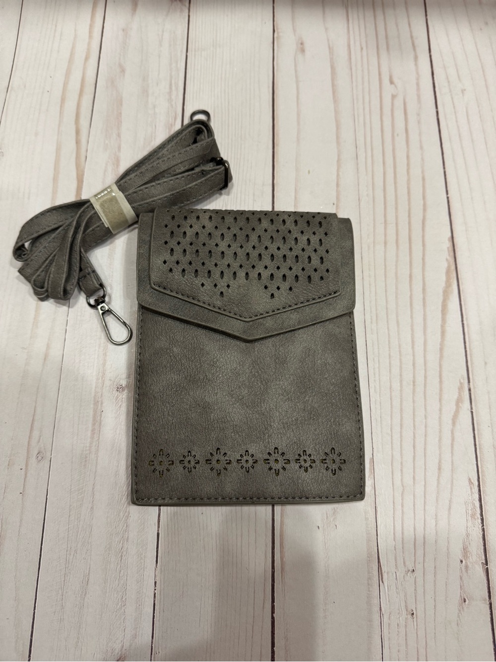 Stylish Gray Laser-Cut Crossbody Phone Bag with Adjustable Strap
